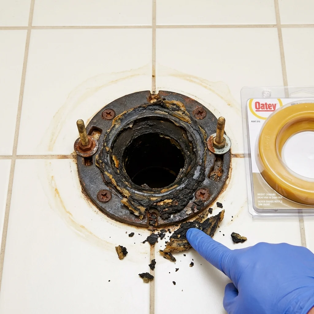 Failed wax ring showing water seepage at the base of a toilet in a Troy, MI home