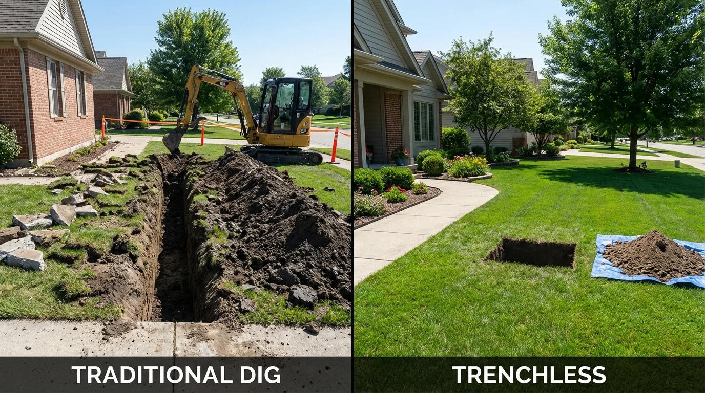 Trenchless sewer repair with minimal yard damage versus traditional excavation in Troy, MI