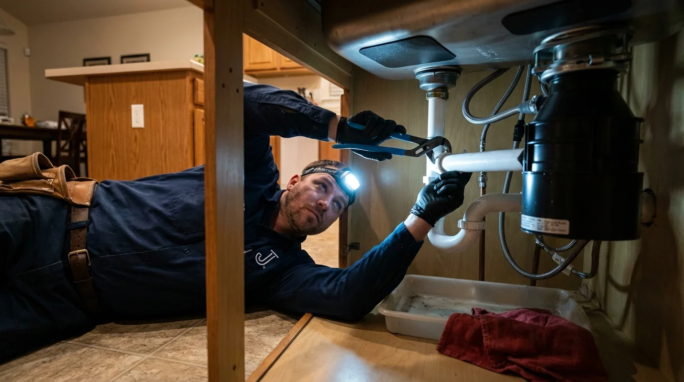 P-trap and supply line connections under a kitchen sink showing a common leak point in Troy, MI